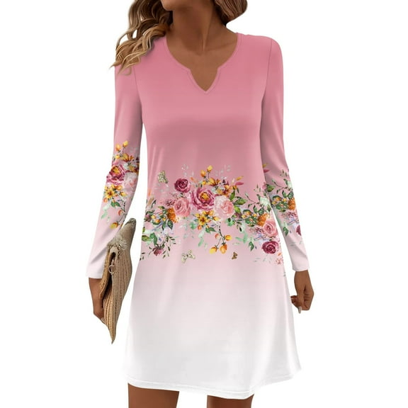 Women's Autumn Winter Long-sleeved Casual V-Neck Midi Dress with Floral Print, Pocket-Free, Light Pink, Size L