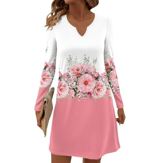 Women's Autumn Winter Long-sleeved Casual V-Neck Midi Dress with Floral Print, Pocket-Free, Pink, Size M