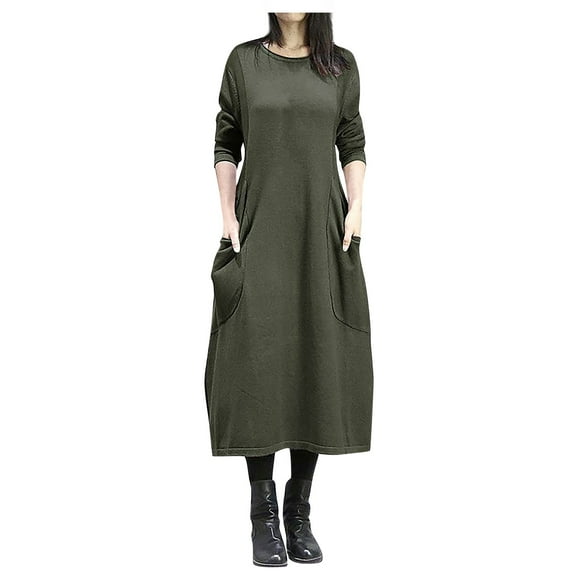 Women's Autumn Winter Loose Long Sleeve Plus Size Fleece Solid Color Casual Dress, Army Green, Size XL