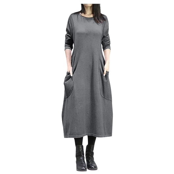 Women's Autumn Winter Loose Long Sleeve Plus Size Fleece Solid Color Casual Dress, Gray, Size L