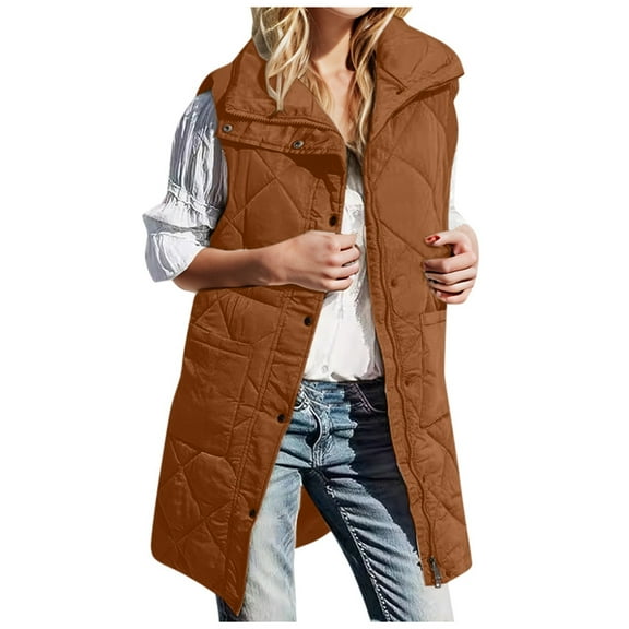 Women's Autumn Winter Mid Length Vest Slim Fit Elegant Outerwear Top Solid Color Zipper Lapel Stylish Warm Coat