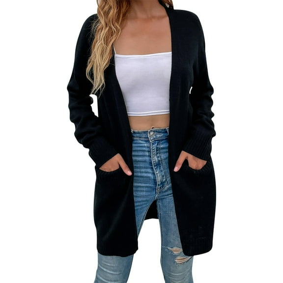 Women's Autumn Winter New Minimalist Solid Color Mid Length Cardigan Sweater Coat With Pockets