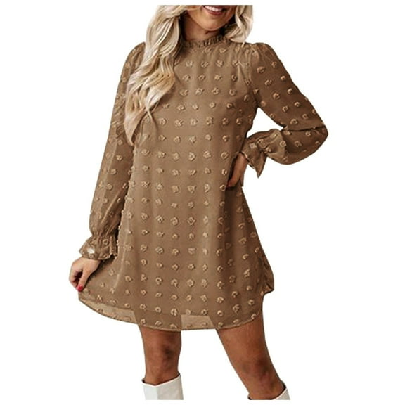 Women's Autumn Winter New Style Bubble Long Sleeve Lace Collar Dress, Khaki, Size XXL