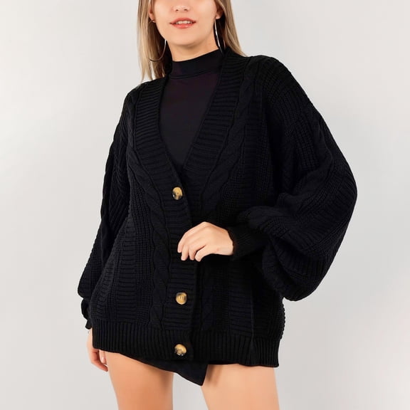 Women's Autumn Winter New Style Button Front Knitted Open Front Cardigan, Loose Fit Long Sleeve Plus Size Sweater Coat for Casual Office Wear and Daily Lounge Black L