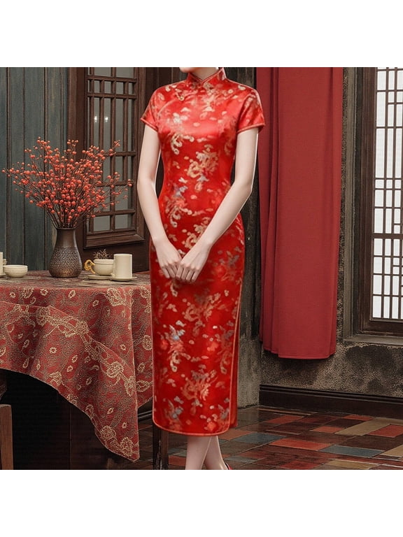 Women's Autumn Winter Retro Printed Cheongsam Dress – Traditional Chinese Qipao with Short Sleeves – Elegant Red Floral Midi Dress for Formal Events – Sizes S-XXXXXXL