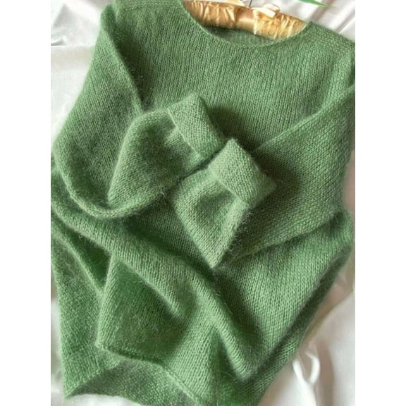 Women's Autumn/Winter Round Neck Solid Color Mohair Dropped Shoulder Long Sleeve Knit Sweater. Combines Casual Fashion And Gentle Fall