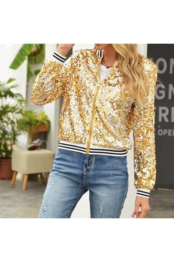 Women's Autumn Winter Sequin Long Sleeve Cardigan Baseball 1 Casual Style Dollhouse Jackets for Women Womens Small Jacket Jacket Jean Women Light Summer Jacket Women Denim Jacket Womens plus