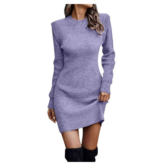 Women's Autumn Winter Solid Color Crew Neck Long Sleeve Sexy Sweater Dress, Light Purple, Size L