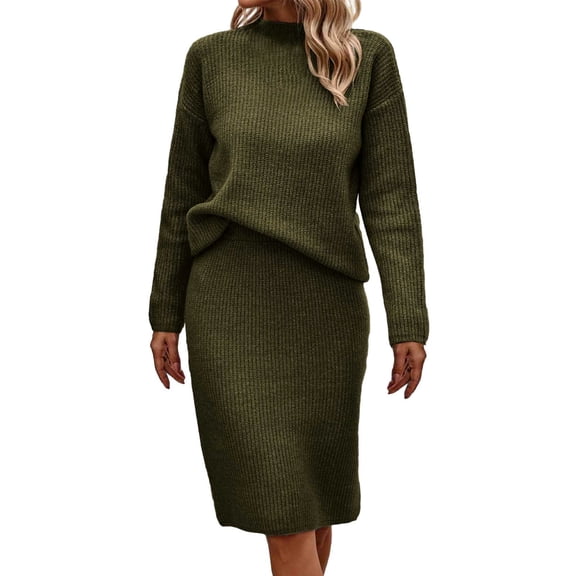 Women's Autumn Winter Solid Color Long Sleeve Long Skirt Half Turtleneck Sweater Set - Polyester, Comfy & Versatile for Casual/Party