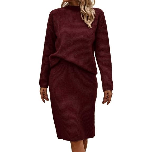Women's Autumn Winter Solid Color Long Sleeve Long Skirt Half Turtleneck Sweater Set - Polyester, Comfy & Versatile for Casual/Party