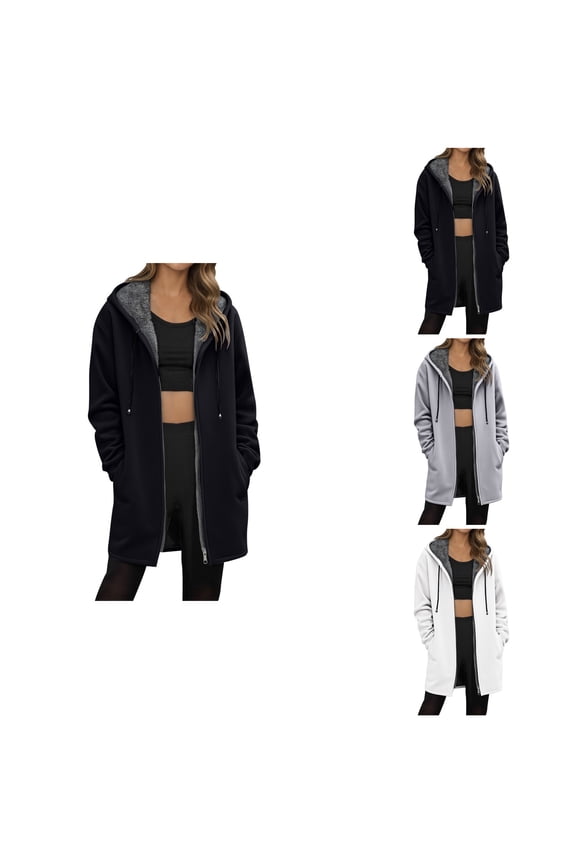 Women's Autumn Winter Solid Color Mid-Length Lined Zipper Jacket