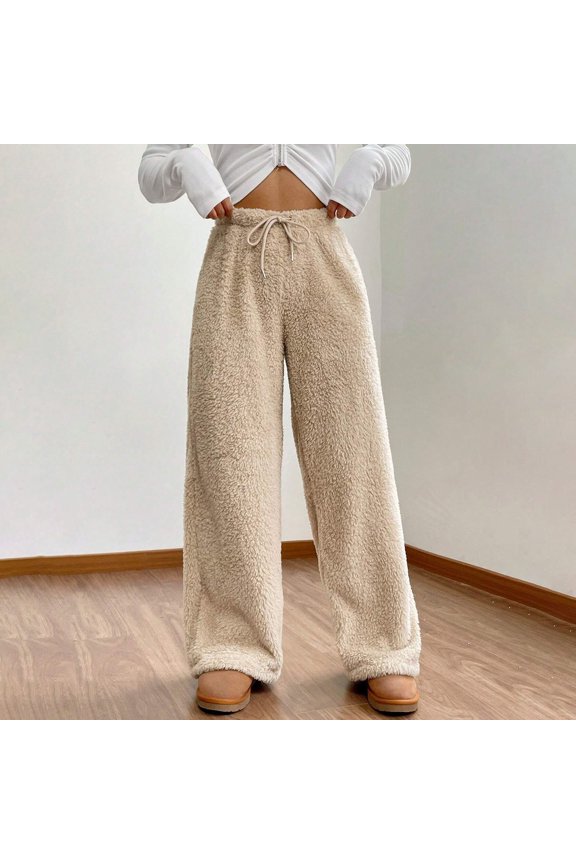 Women's Autumn Winter Solid Color Plush Pants, High Waisted Wide Leg Thermal Lounge Pants with Elastic Waistband, Soft Fleece Lined Casual Trousers for Cold Weather Comfort Khaki L