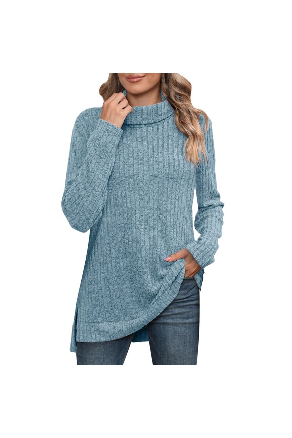 Women's Autumn/Winter Solid High Neck Split Stripe Loose T Shirt Top For Women Long Sleeve T Shirts for Woman Women's T Shirt Medium Ladies Workout Long Sleeve Compression Shirt Womens Neck Tops Long