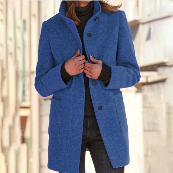 Women's Autumn Winter Stand Collar Wool Blend Coat Classic Button Up Solid Outerwear