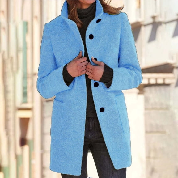 Women's Autumn Winter Stand Collar Wool Blend Coat Classic Button Up Solid Outerwear