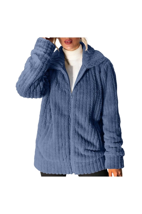 Women's Autumn Winter Stripe Zipper Long Sleeve Solid Color Mid Length Reversible Coat