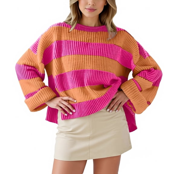 Women's Autumn Winter Striped Knit Pullover Sweater Long Sleeve Round Neck Flared Sleeve Loose Fit Casual Comfortable Top