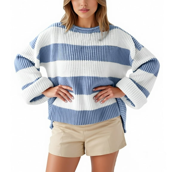 Women's Autumn Winter Striped Knit Pullover Sweater Flared Long Sleeves Round Neck Loose Comfortable Soft Casual Tops