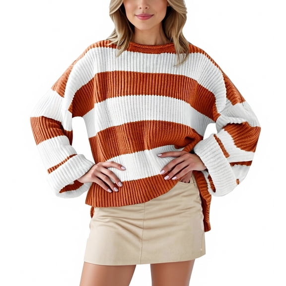 Women's Autumn Winter Striped Knit Pullover Sweater Long Sleeve Round Neck Flared Sleeve Loose Fit Casual Comfortable Top