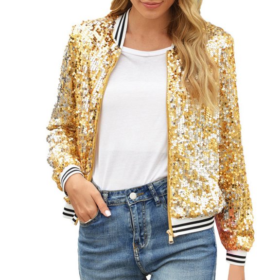Women's Autumn Winter V Neck Zipper Patchwork Sequin Long Sleeve Jacket Gold L