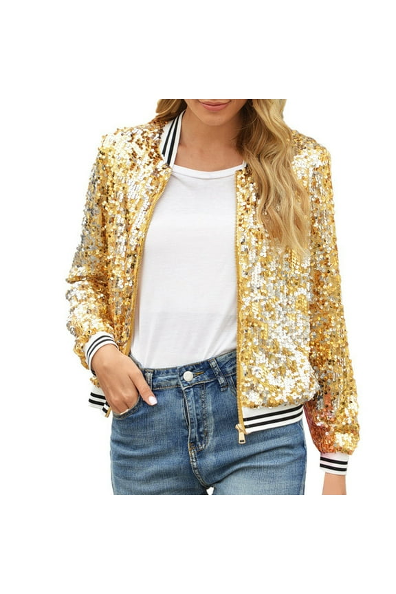 Women's Autumn Winter V Neck Zipper Patchwork Sequin Long Sleeve Jacket Gold L