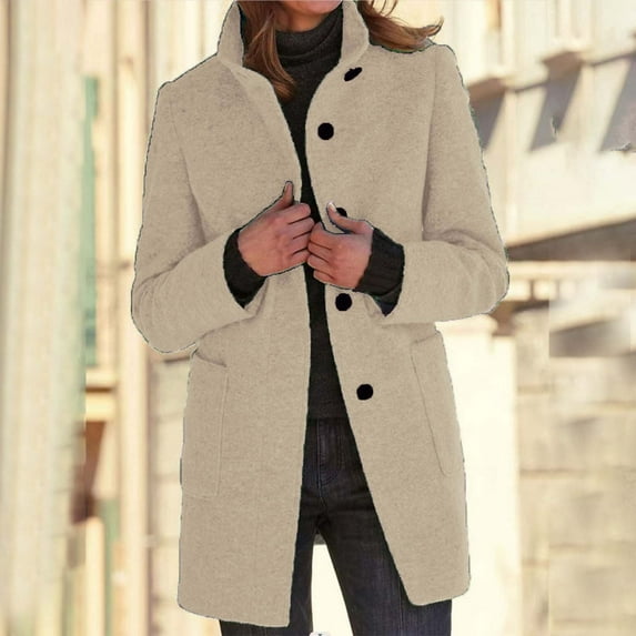 Women's Autumn Winter Vintage Solid Color Button Up Stand Collar Wool Coat Wool Long Coats Pale Wool Coat Suede Dress Coat Collarless Wool Coat Women Wool Blend Long Coat Women Warm Lamb Wool Winter