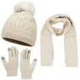 thumbnail image 1 of Women's Autumn Winter Warm Wool Hat Scarf Gloves Set, Cute Knit Cap and Mittens Three-Piece Accessories, Adult Winter Knitwear for Outdoor Activities and Cold Weather Protection Beige, 1 of 6
