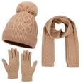 thumbnail image 1 of Women's Autumn Winter Warm Wool Hat Scarf Gloves Set, Cute Knit Cap and Mittens Three-Piece Accessories, Adult Winter Knitwear for Outdoor Activities and Cold Weather Protection Khaki, 1 of 6