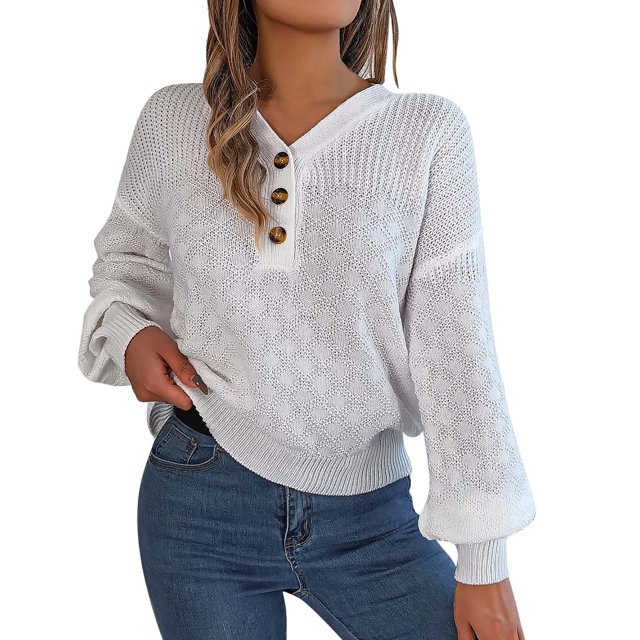 Women's Autumn and Winter Casual Loose Long Sleeve V Neck Buttoned