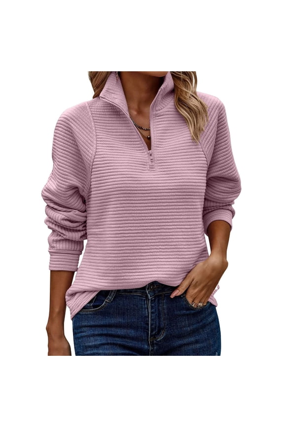 Women's Autumn and Winter Casual Loose Pullover Quarter Zip Design Ribbed Quilted V-Neck Pink M