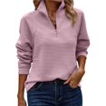 thumbnail image 1 of Women's Autumn and Winter Casual Loose Pullover Quarter Zip Design Ribbed Quilted V-Neck Pink S, 1 of 9