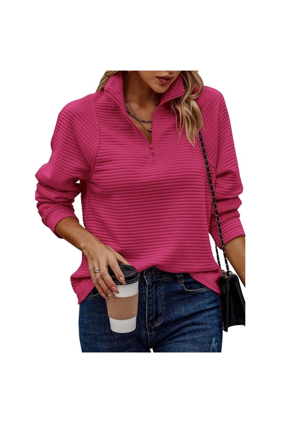 Women's Autumn and Winter Casual Loose Pullover Quarter Zip Design Ribbed Quilted V-Neck Rose Red L