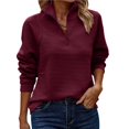 thumbnail image 1 of Women's Autumn and Winter Casual Loose Pullover Quarter Zip Design Ribbed Quilted V-Neck Wine Red M, 1 of 9