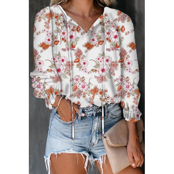 Women's Autumn and Winter Floral Floral Shirt Collar Long Sleeve T-Shirt TopCherry Red Size L
