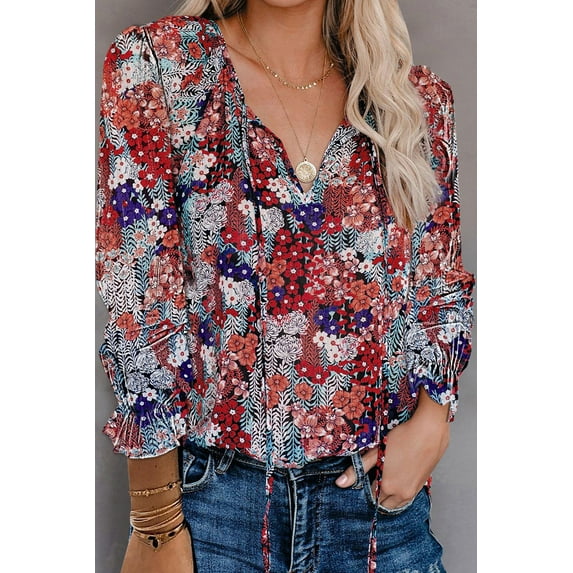 Women's Autumn and Winter Floral Floral Shirt Collar Long Sleeve T-Shirt TopJujube Red Size L