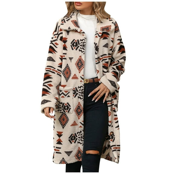 Women's Autumn and Winter Single-breasted Ethnic Print Plush Long Coat Jacket, White, Size L