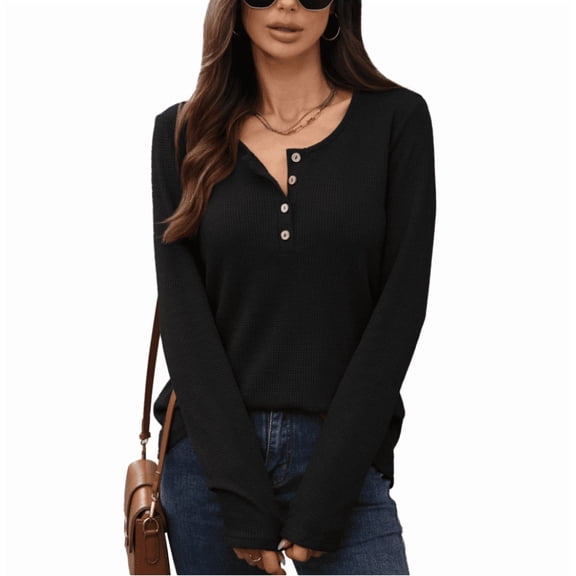Women's Autumn and Winter Solid Color Round Neck Button Down Silm Fit Long Sleeve Knit Shirt Top for Daily