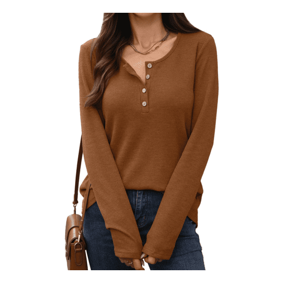 Women's Autumn and Winter Solid Color Round Neck Button Down Silm Fit Long Sleeve Knit Shirt Top for Daily