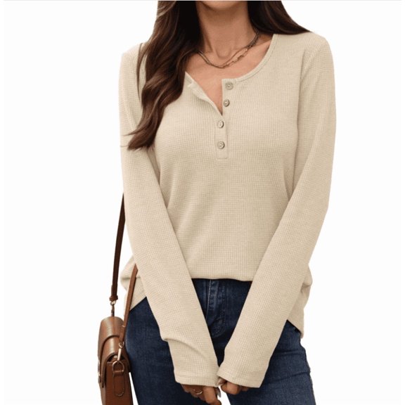 Women's Autumn and Winter Solid Color Round Neck Button Down Silm Fit Long Sleeve Knit Shirt Top for Daily