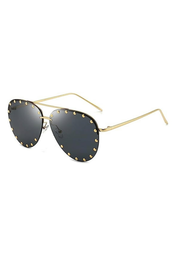 Women's Aviator Gold Frame Black Oversized Studded Trendy Fashion Sunglasses