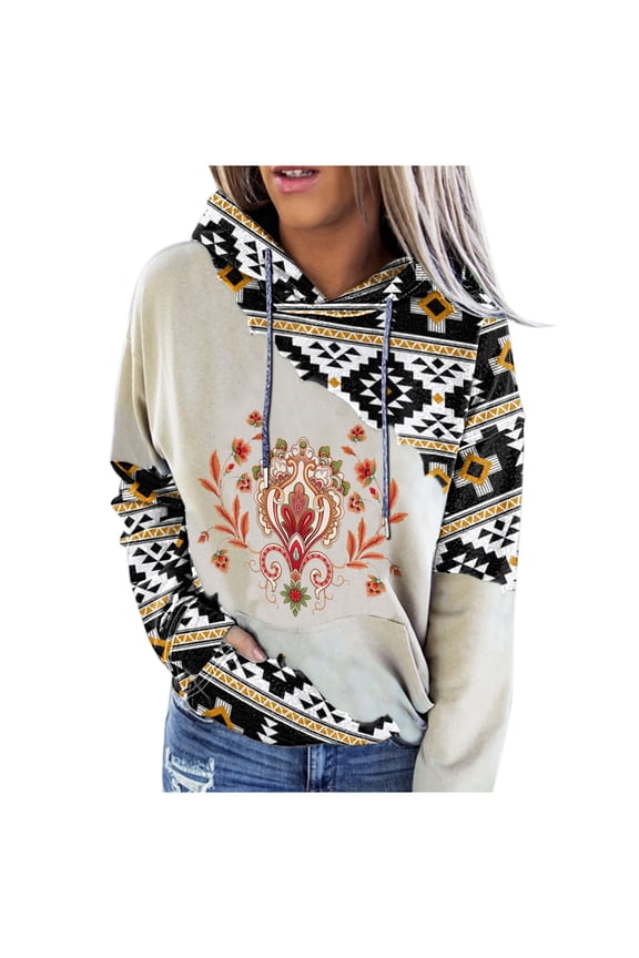 Women's Aztec Western Print Hoodie Pocket Drawstring Long Sleeve Pullover Sweatshirt Retro Top