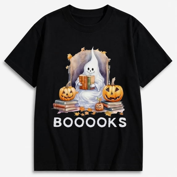 Women's BOOOOKS Reading Ghost and Pumpkins Halloween Shirt, Spooky Graphic Short Sleeve T-Shirt