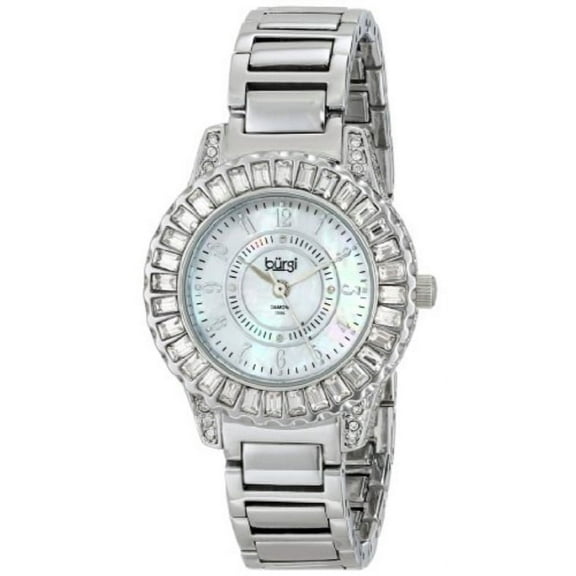 Women's BUR095SS Silver Crystal Accented Swiss Quartz Watch with Mother of Pearl Dial and Silver Bracelet