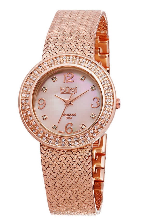 Women's BUR097RG Crystal Accented Rose Gold Swiss Quartz Watch with Pink Mother of Pearl Dial and Rose Gold Bracelet