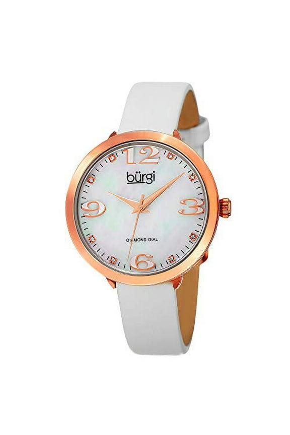 Women's BUR119WTR Diamond Accented Mother-of-Pearl Rose Gold & White Leather Strap Watch