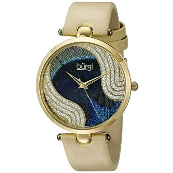 Women's BUR131YG Swarovski Crystal Accented Peacock Feather Dial Yellow Gold and Cream Satin over Leather Strap Watch