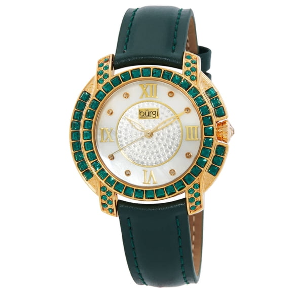 Women's BUR156GN Yellow Gold Quartz Watch With Diamond Mother of Pearl Swarovski Crystal Accented Dial & Bezel With Green Leather Strap
