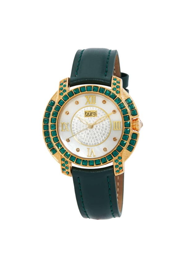 Women's BUR156GN Yellow Gold Quartz Watch With Diamond Mother of Pearl Swarovski Crystal Accented Dial & Bezel With Green Leather Strap