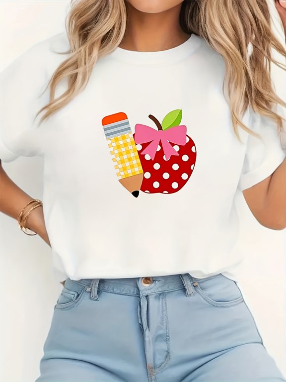 Women's "Ba to School" Apple‑Bow‑Print T‑Shirt, comfortable, soft, stylish and elegant, top for daily commuting