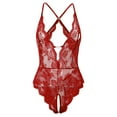 thumbnail image 1 of Women's Babydoll Deep V Lace Bodysuit Lingerie with Snap Crotch, 1 of 8
